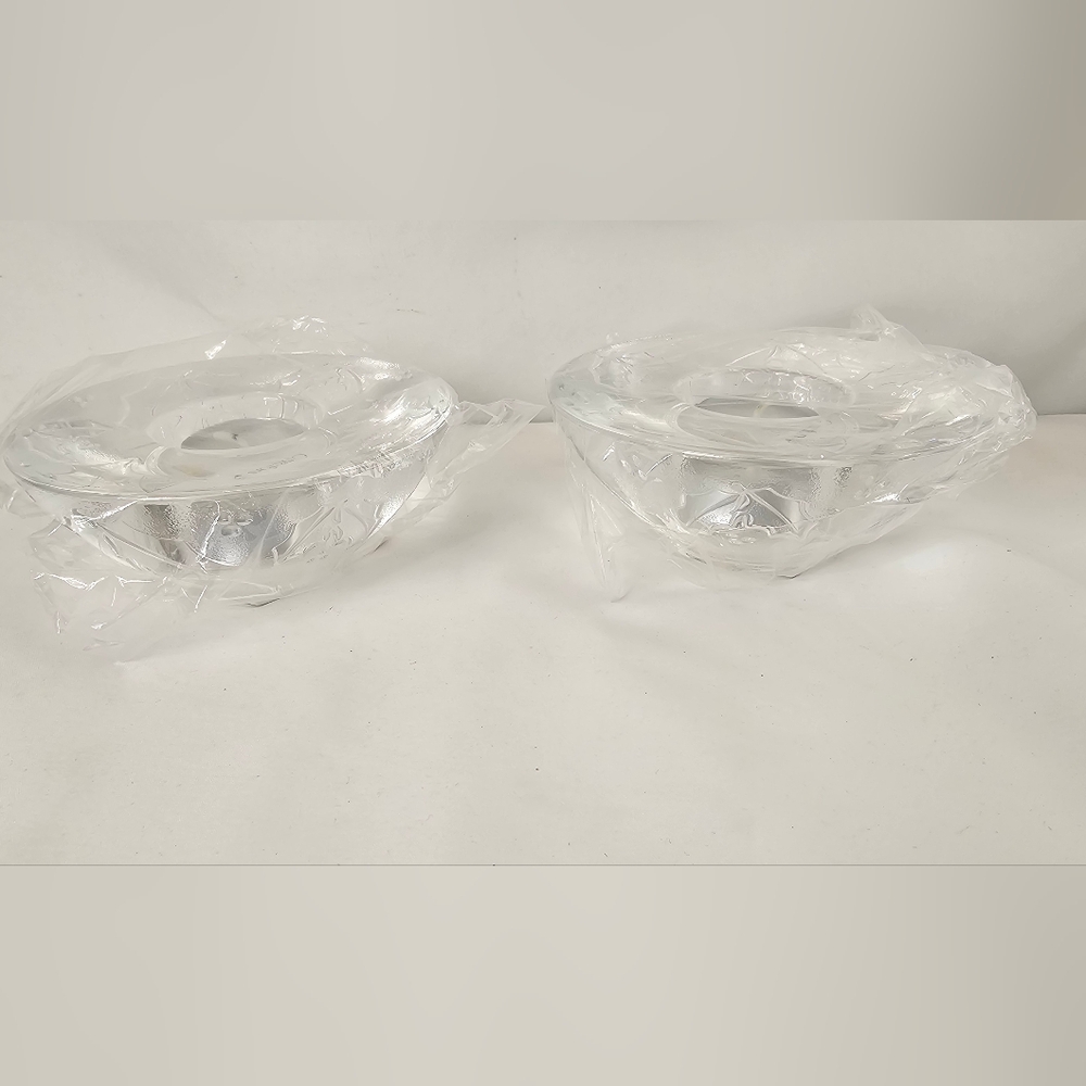 ​Set of 2 Orrefors Sweden HollyDay Clear Crystal Holly Berry Votive Holders NIB